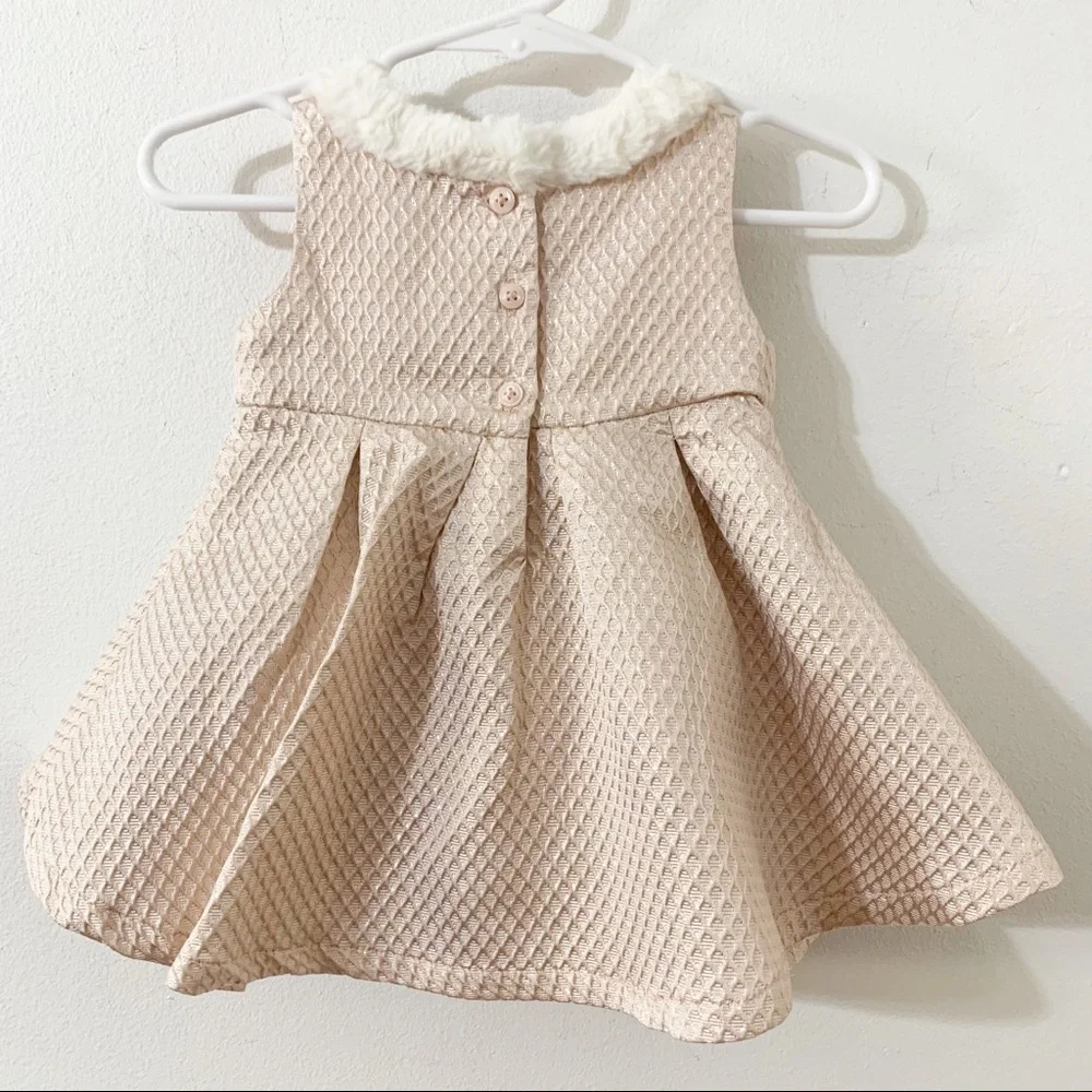 The Children’s Place Girls Blush Metallic Party Dress Faux Fur Collar 3-6 Months